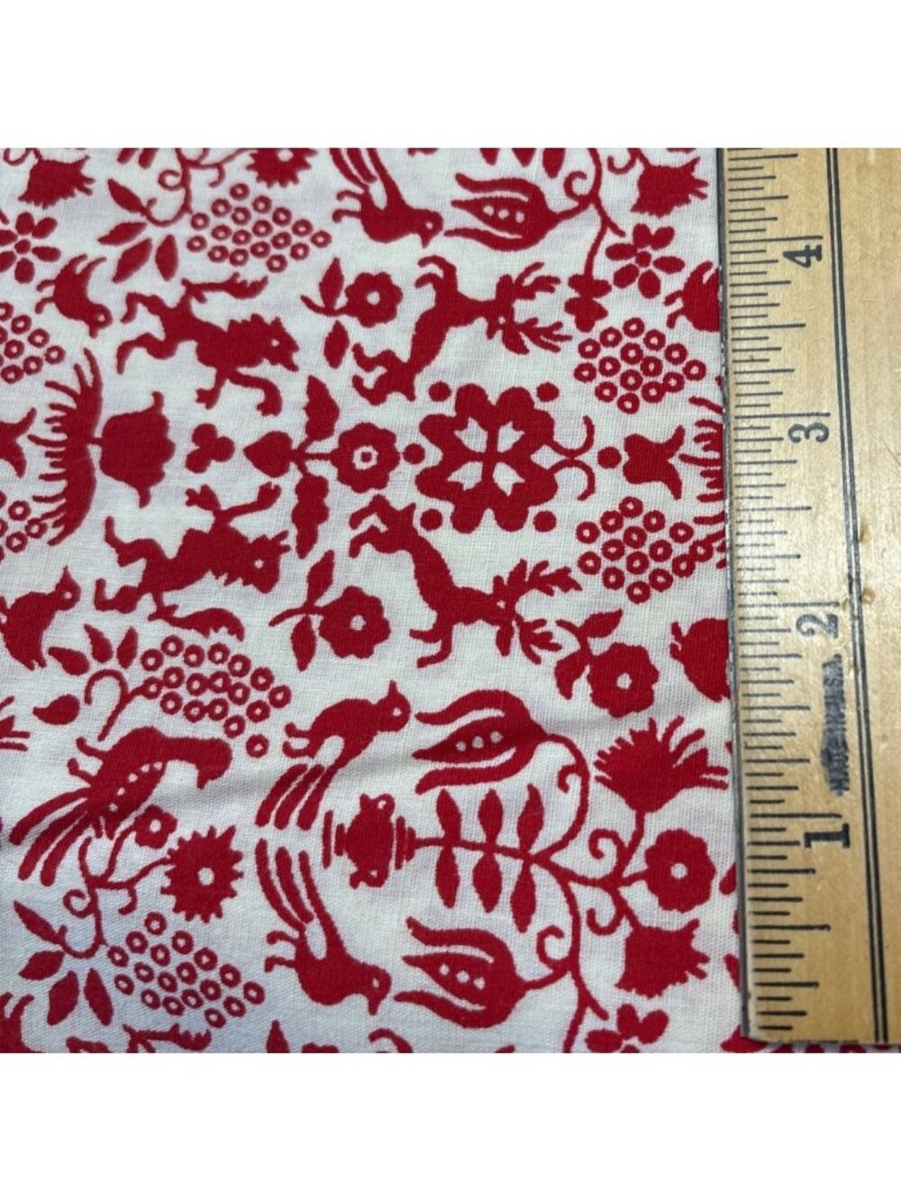 Red & Cream Cotton Fabric Folk Animal Pattern 1/2 yard x 44" - Picture 3 of 13
